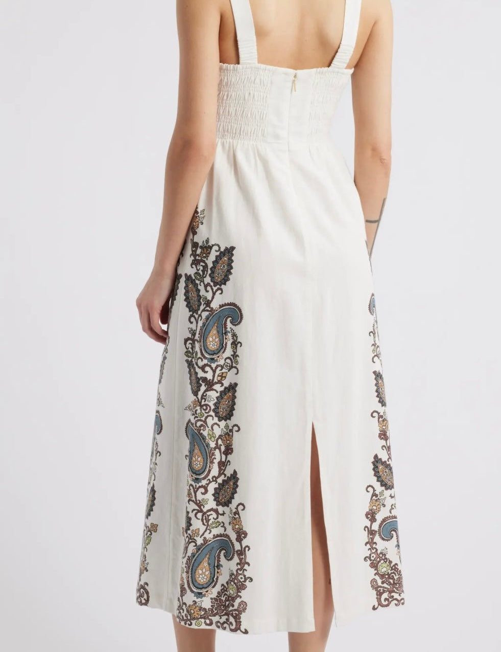 Back view of the Jolene Ankle Dress, a Cleobella cotton-linen placement print sundress