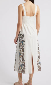 Back view of the Jolene Ankle Dress, a Cleobella cotton-linen placement print sundress