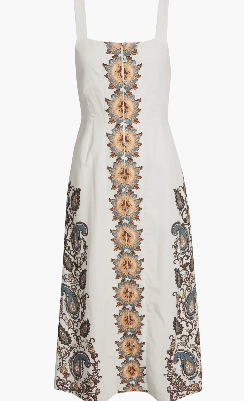 Jolene Ankle Dress styled full length, a Cleobella cotton-linen placement print sundress