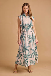 Coconut Palm Top, a palm print collared peplum top, worn front view – Lady & Tucker