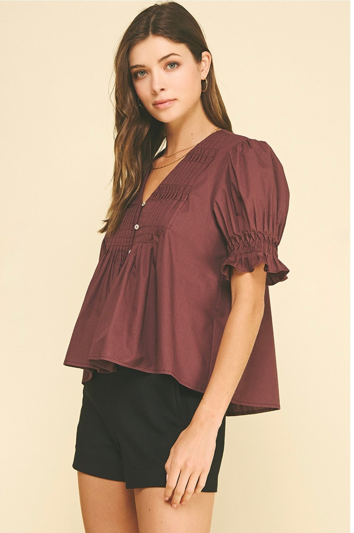 Close-up of the ruffled balloon sleeves and shirring on the Adelaide Top – Lady & Tucker