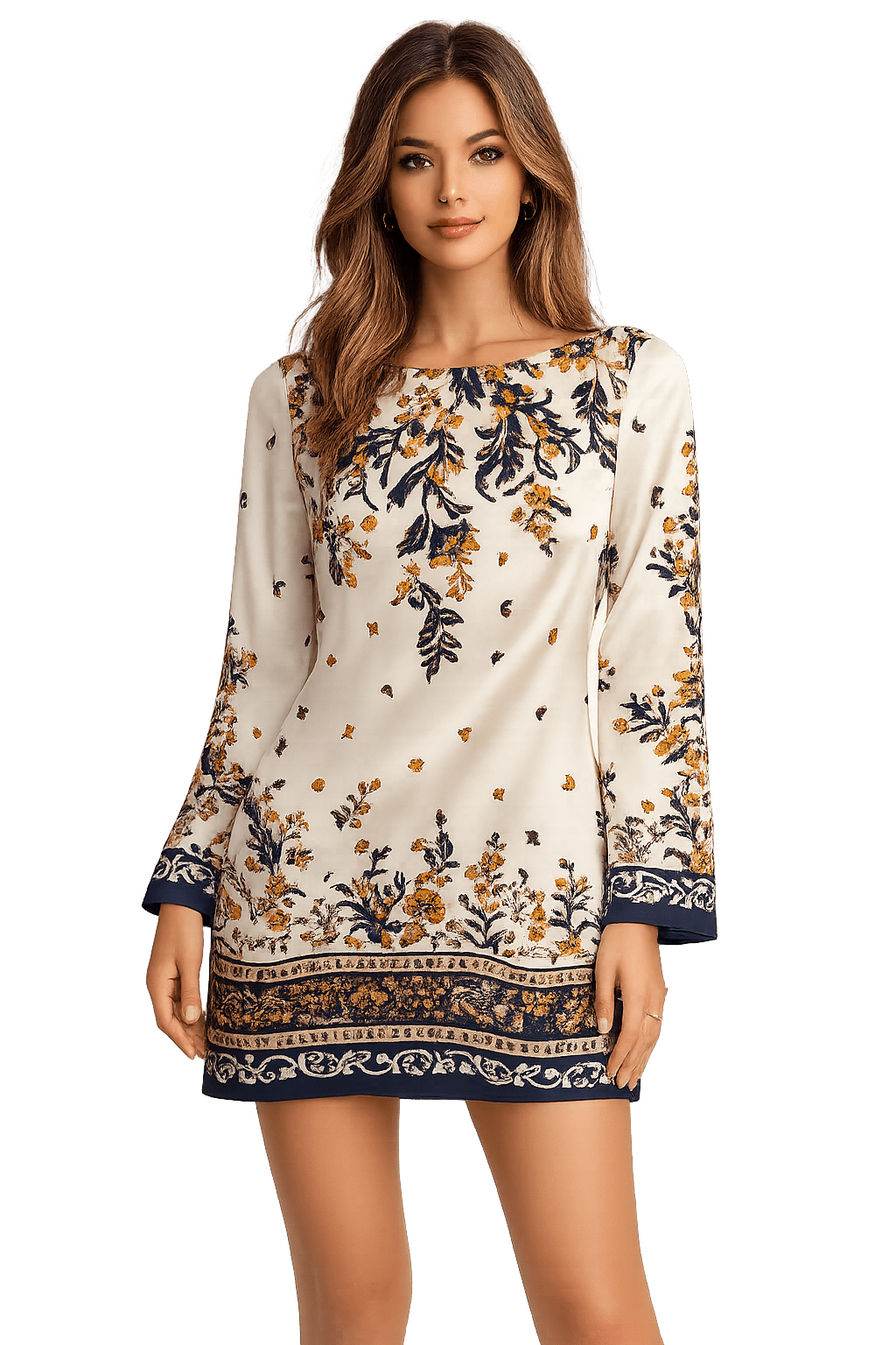 Long Sleeve Cream Floral Dress, an ivory long-sleeve shift with navy botanical print, worn front view – Lady & Tucker