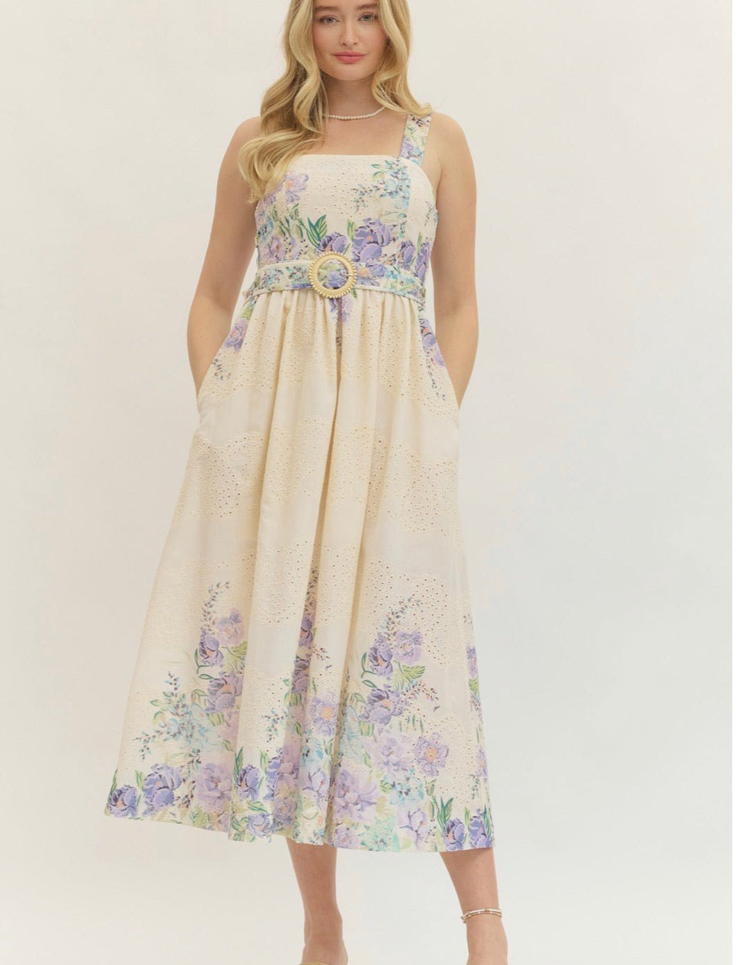 Lavender Spring Dress, a cream midi with lavender floral print, worn front view