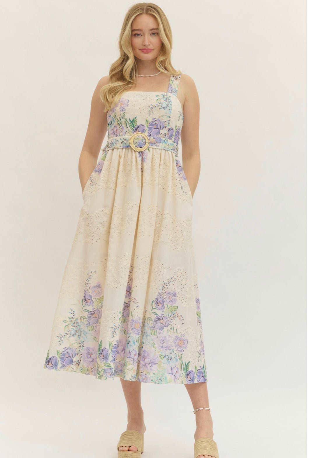 Lavender Spring Dress, a cream midi with lavender floral print, worn front view