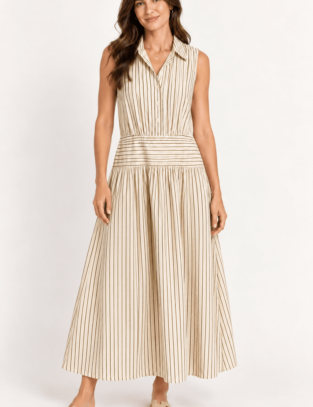Stephanie Midi Dress, a cream and brown pinstripe sleeveless maxi, worn front view – Lady & Tucker