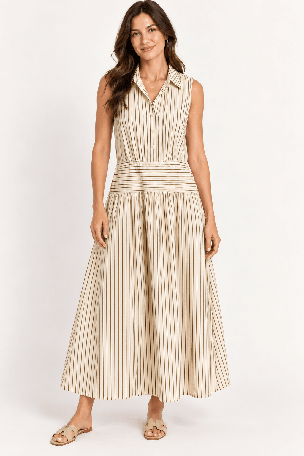 Stephanie Midi Dress, a cream and brown pinstripe sleeveless maxi, worn front view – Lady & Tucker