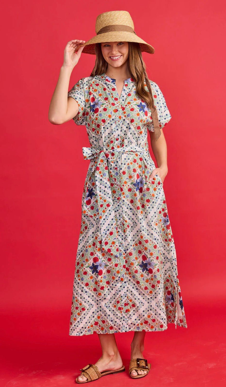 Evelyn Dress, a cotton poplin ditsy floral garden party dress, worn front view