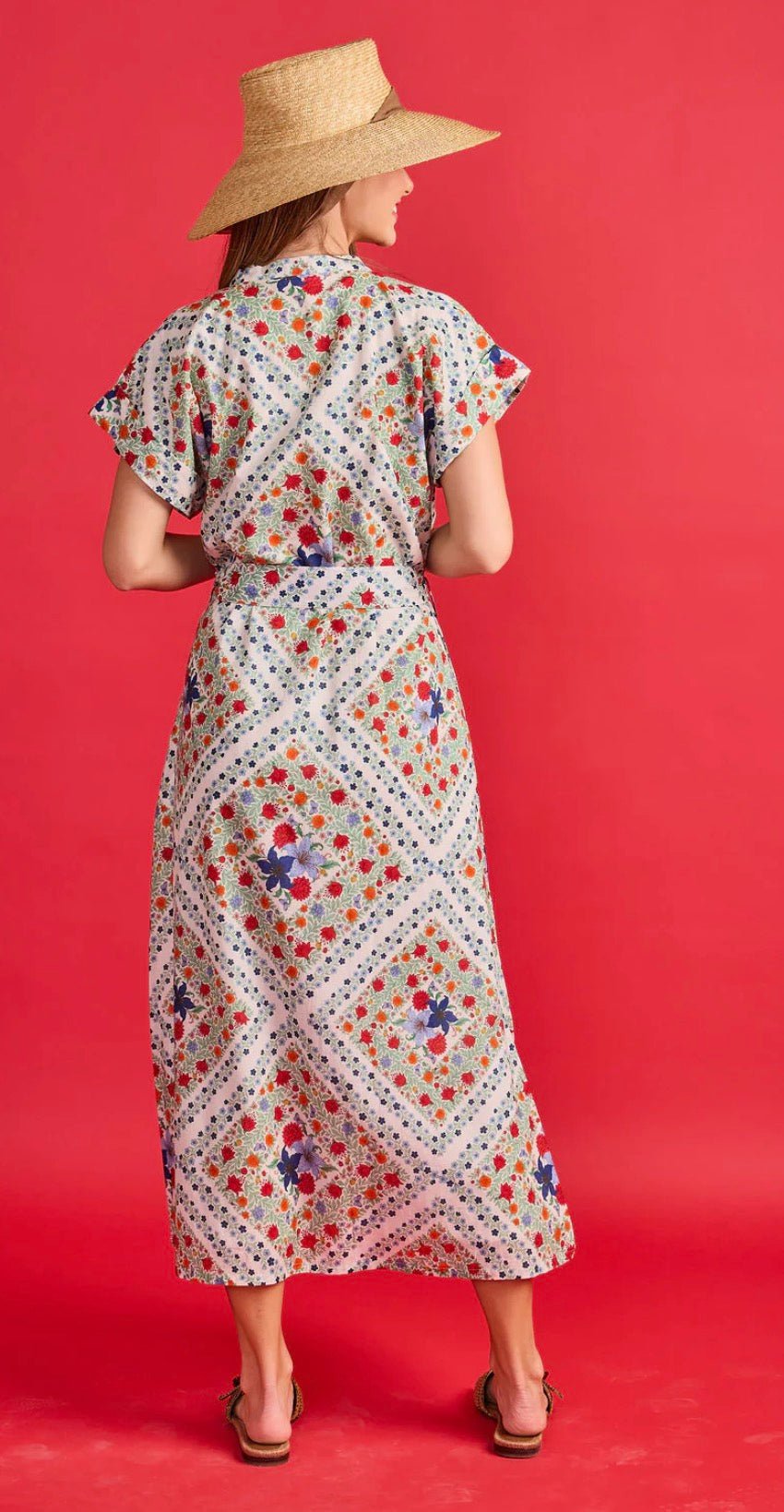 Close-up of the red, cobalt and lavender floral print on the Evelyn Dress