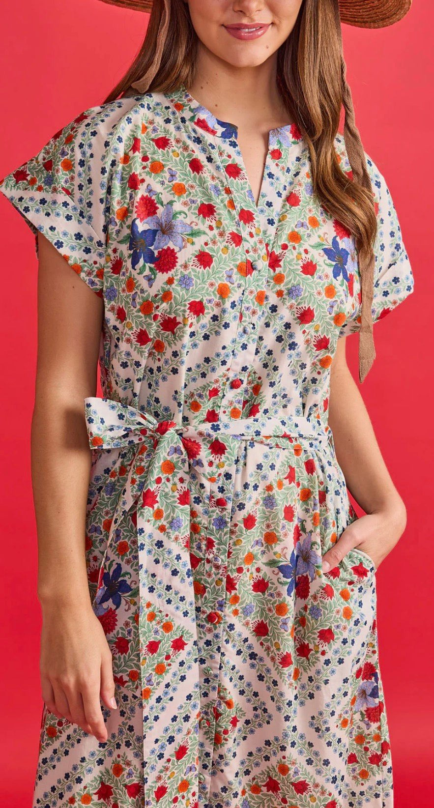 Evelyn Dress styled full length, a cotton poplin ditsy floral garden party dress – Lady & Tucker