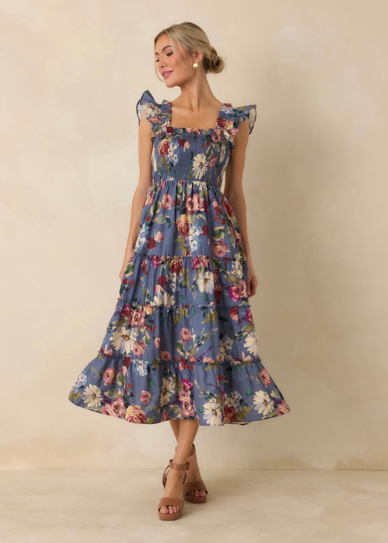 Felicity Midi Dress, a dusty blue floral smocked midi dress, worn front view