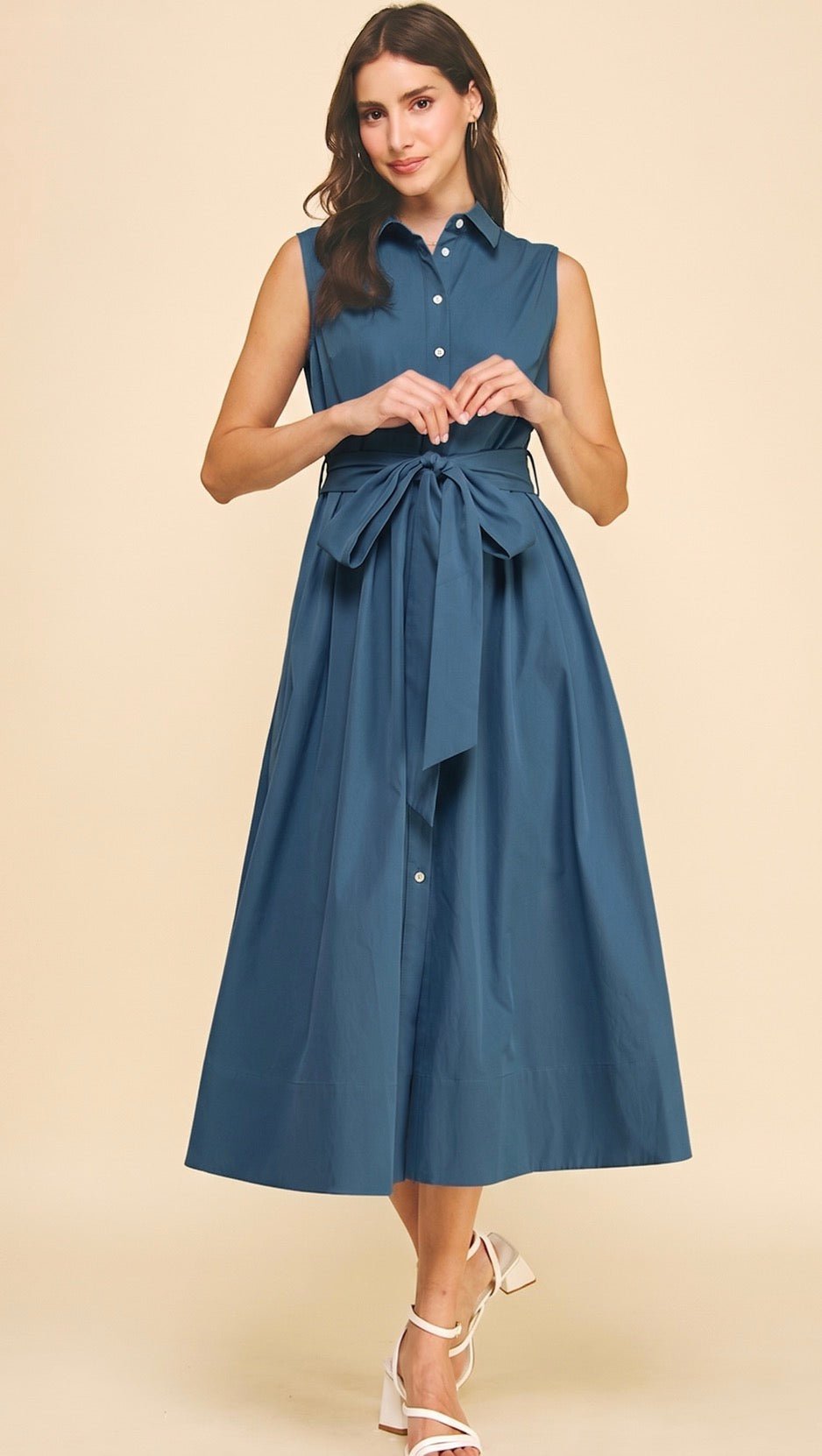 Classic Blue Maxi Dress, a dusty blue sleeveless shirt dress, worn front view