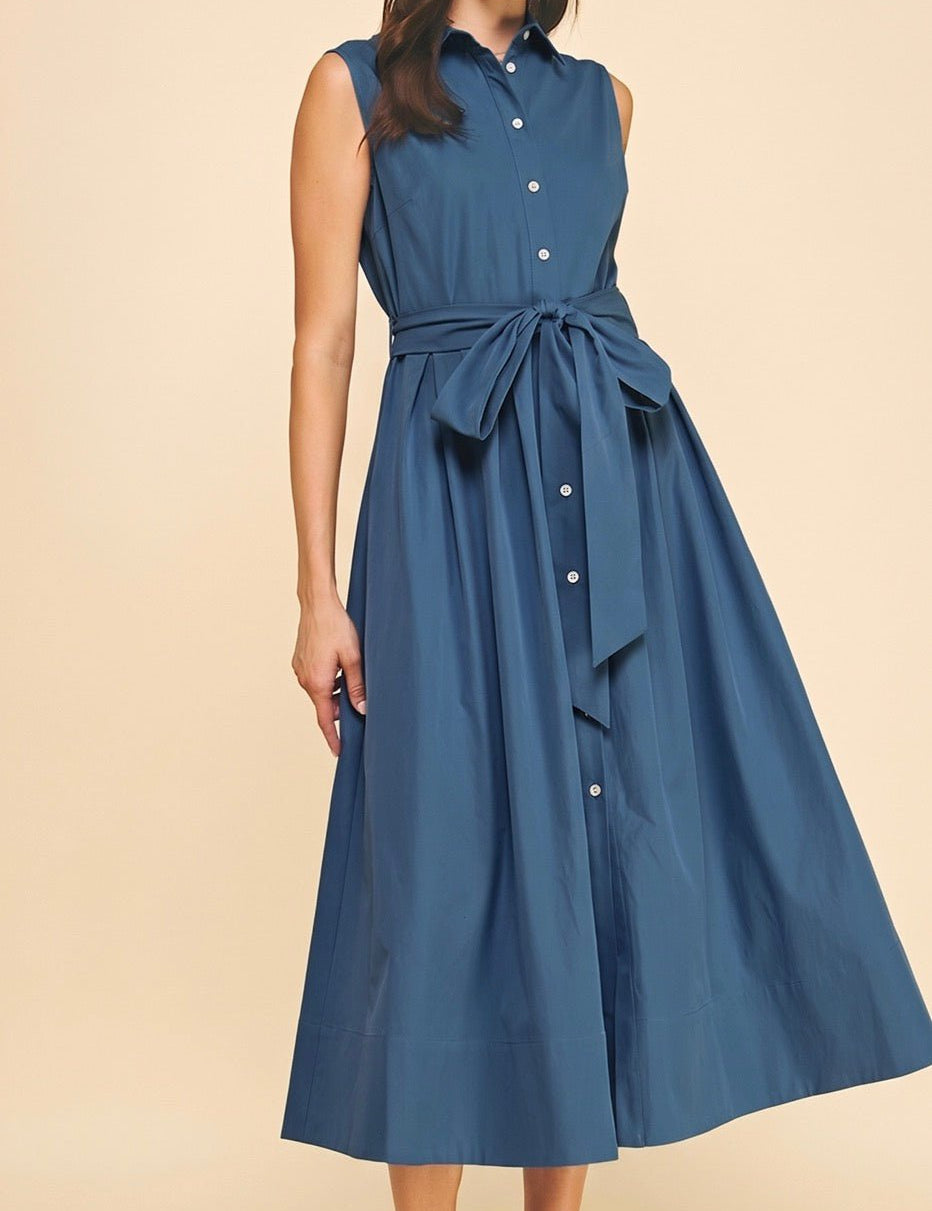 Back view of the Classic Blue Maxi Dress, a dusty blue sleeveless shirt dress – Lady & Tucker