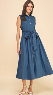Back view of the Classic Blue Maxi Dress, a dusty blue sleeveless shirt dress – Lady & Tucker