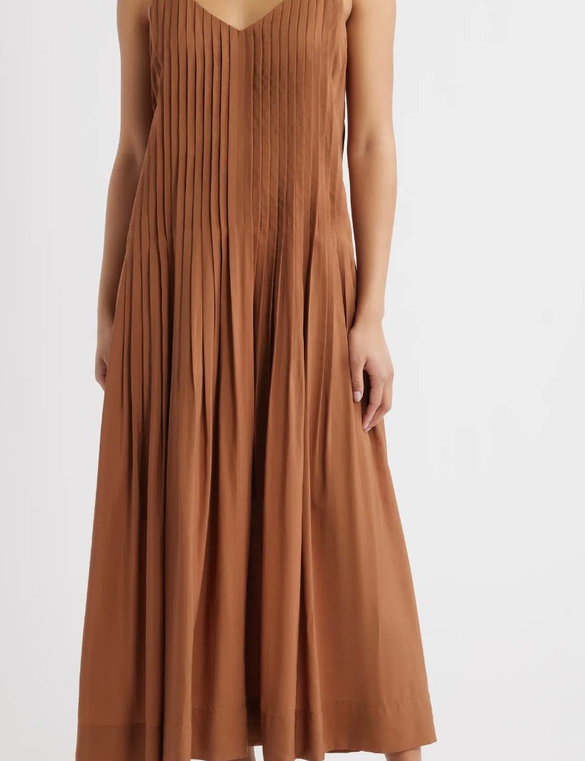 Lindt Maxi Dress, an earthy pintuck A-line sundress, worn front view