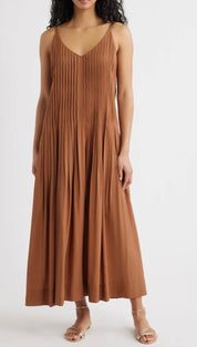 Lindt Maxi Dress, an earthy pintuck A-line sundress, worn front view