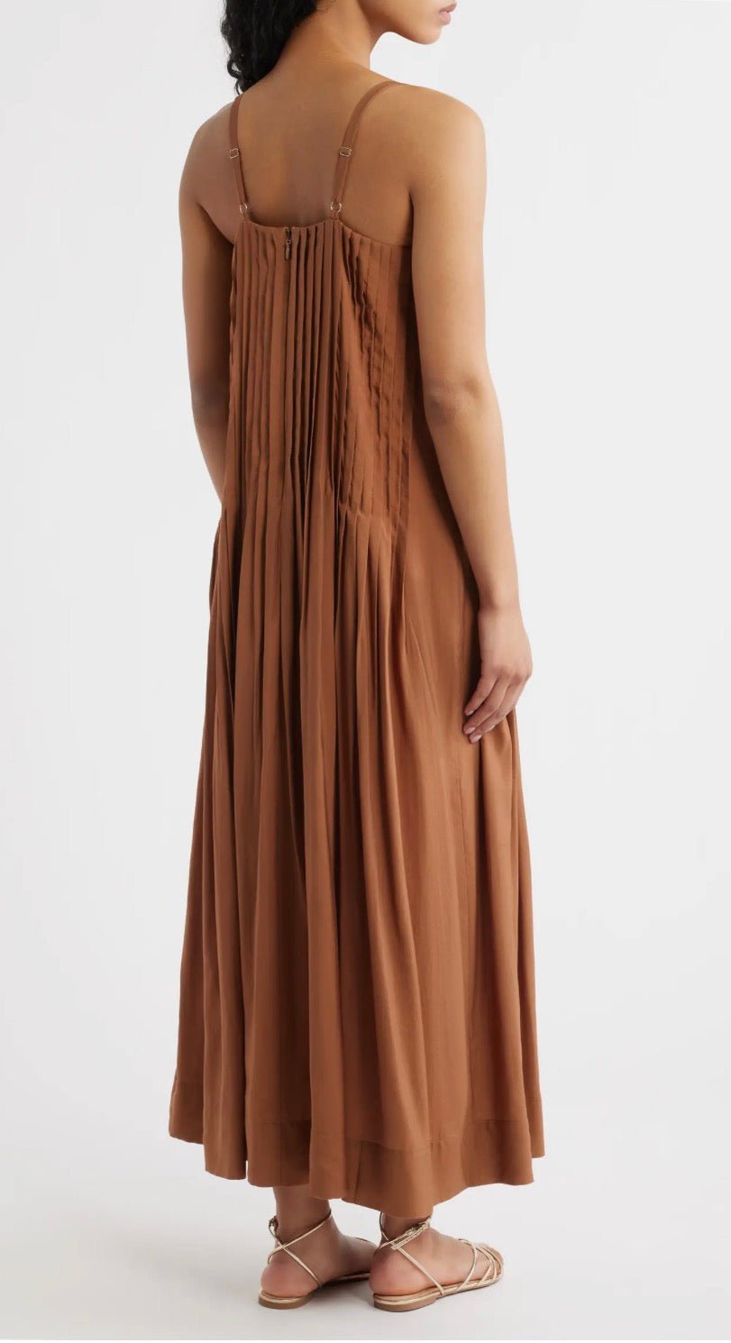 Back view of the Lindt Maxi Dress, an earthy pintuck A-line sundress