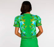 Back view of the Coco Top In Hula, an Elizabeth James Hula print puff sleeve button top – Lady & Tucker