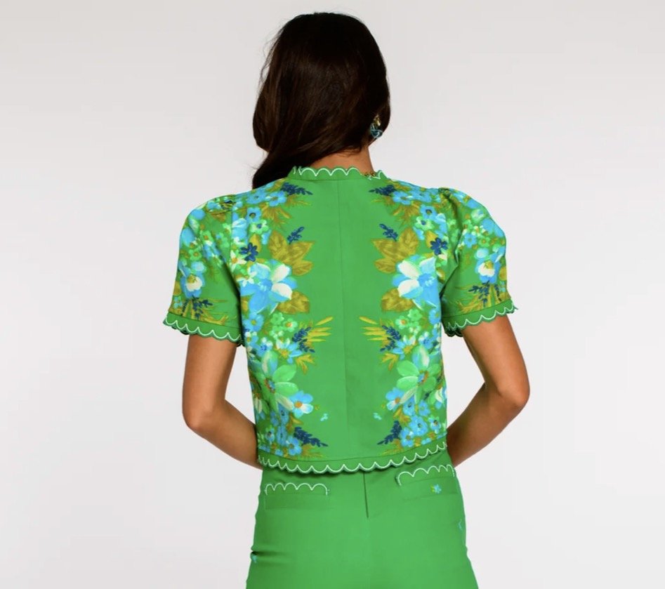 Back view of the Coco Top In Hula, an Elizabeth James Hula print puff sleeve button top – Lady & Tucker