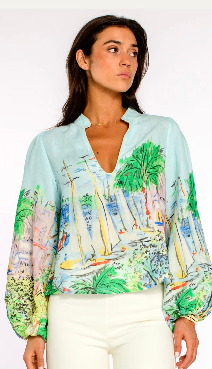 Katie Top In Vacation, an Elizabeth James Vacation print balloon sleeve blouse, worn front view