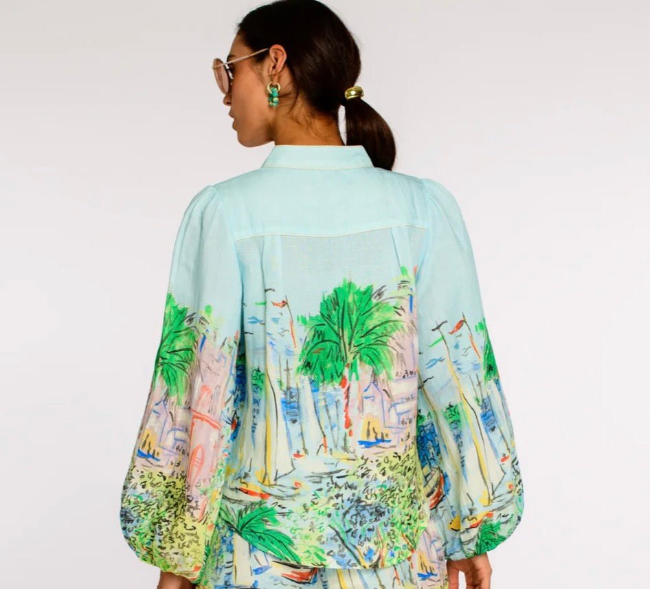 Back view of the Katie Top In Vacation, an Elizabeth James Vacation print balloon sleeve blouse – Lady & Tucker