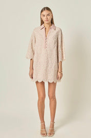 Embroidered Scallop Dress, an embroidered striped shirt mini dress, worn front view