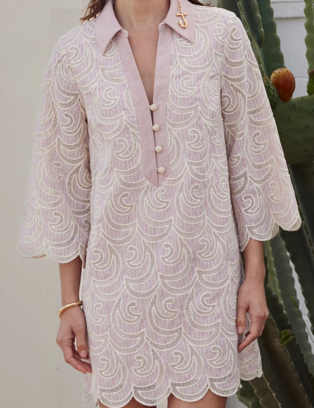 Back view of the Embroidered Scallop Dress, an embroidered striped shirt mini dress