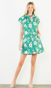 Botanical Dress, an emerald green floral-print shirt dress, worn front view