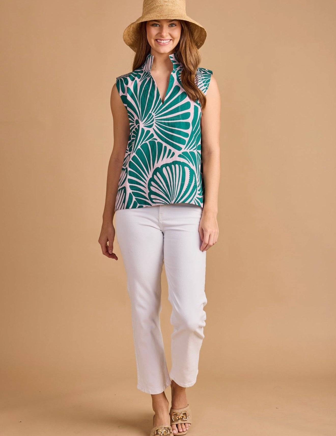 Back view of the Seaweed Shell Top, an emerald palm print sleeveless top