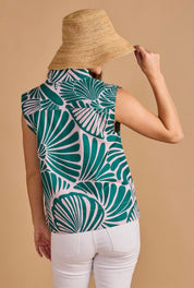 Close-up of the stand collar and palm print on the Seaweed Shell Top – Lady & Tucker