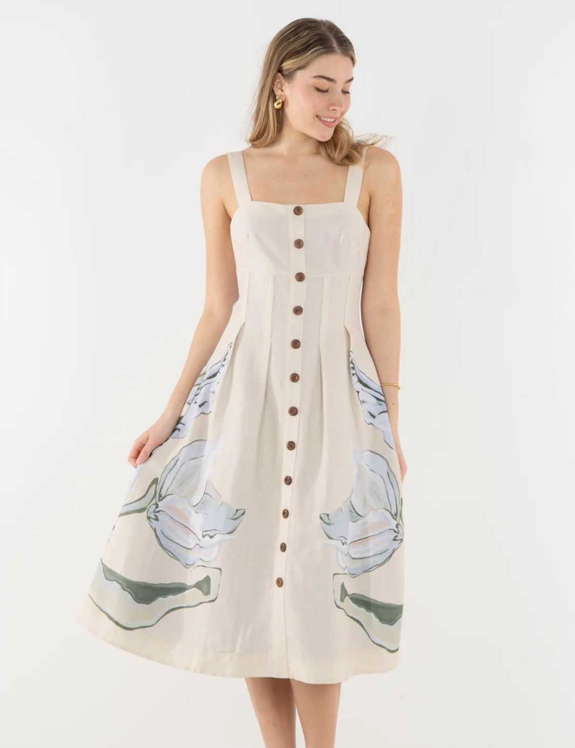 Constance Midi Dress, a tailored boned-bodice midi, worn front view