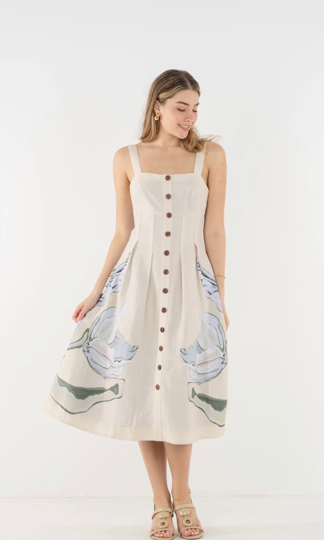 Constance Midi Dress, a tailored boned-bodice midi, worn front view