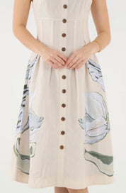 Back view of the Constance Midi Dress, a tailored boned-bodice midi