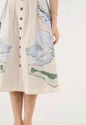 Close-up of the lightly boned bodice and wooden buttons on the Constance Midi Dress