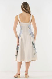 Constance Midi Dress styled full length, a tailored boned-bodice midi