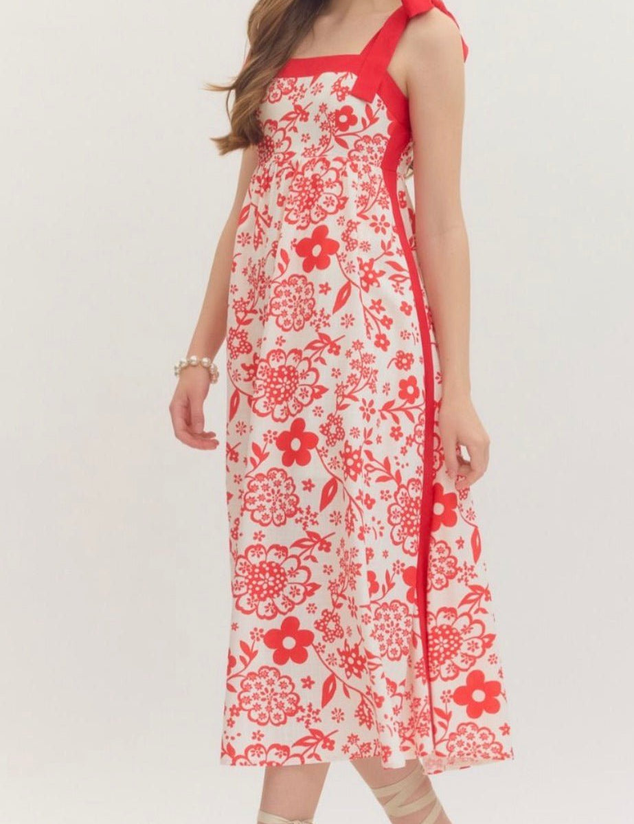 Back view of the Floral Fun Maxi Dress, a floral midi with tie shoulder straps