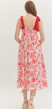 Floral Fun Maxi Dress styled full length, a floral midi with tie shoulder straps