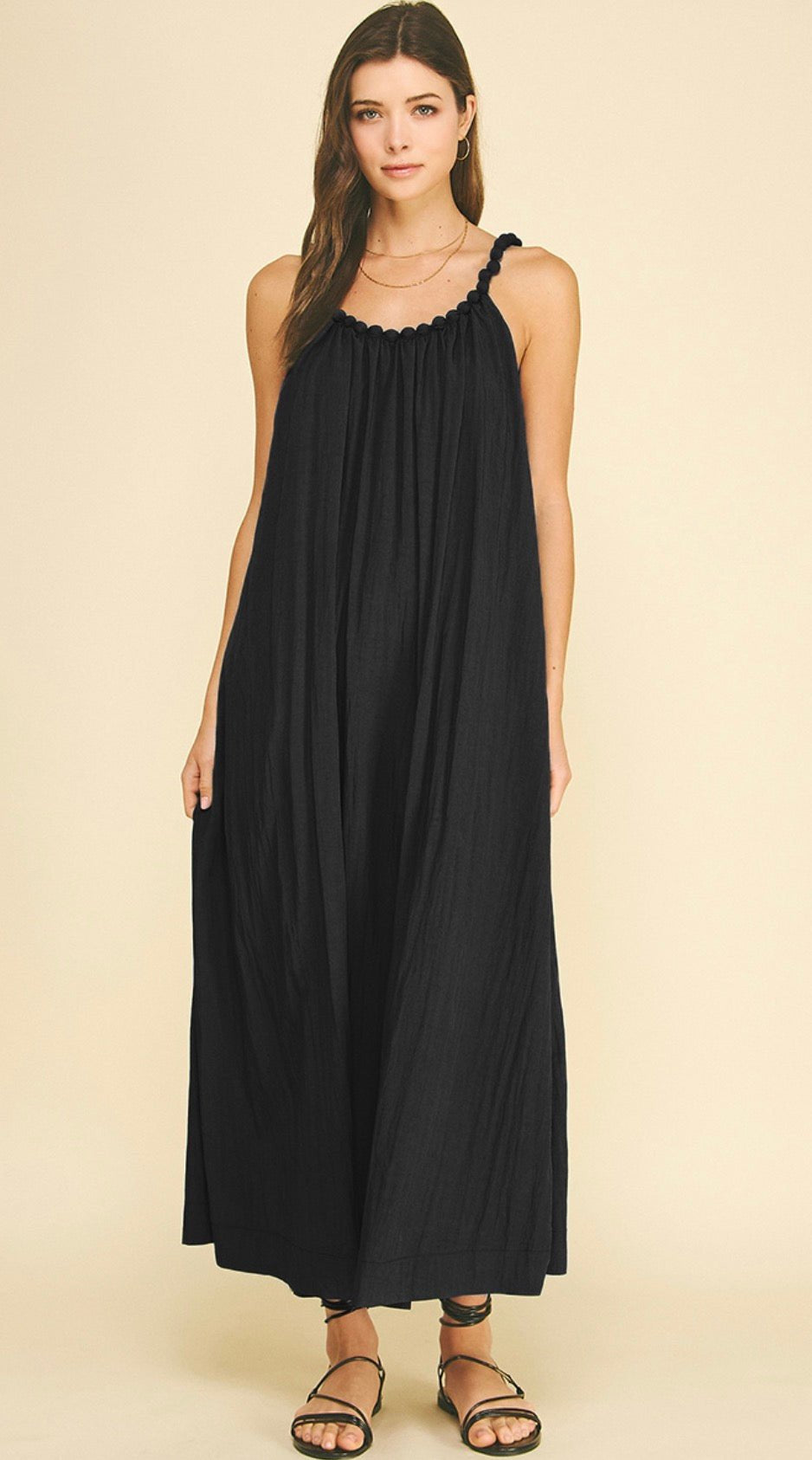 Moonlight Maxi Dress, a flowy maxi with gathered neckline, worn front view