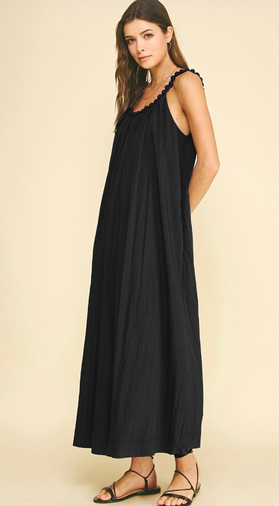 Back view of the Moonlight Maxi Dress, a flowy maxi with gathered neckline – Lady & Tucker