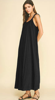 Back view of the Moonlight Maxi Dress, a flowy maxi with gathered neckline – Lady & Tucker