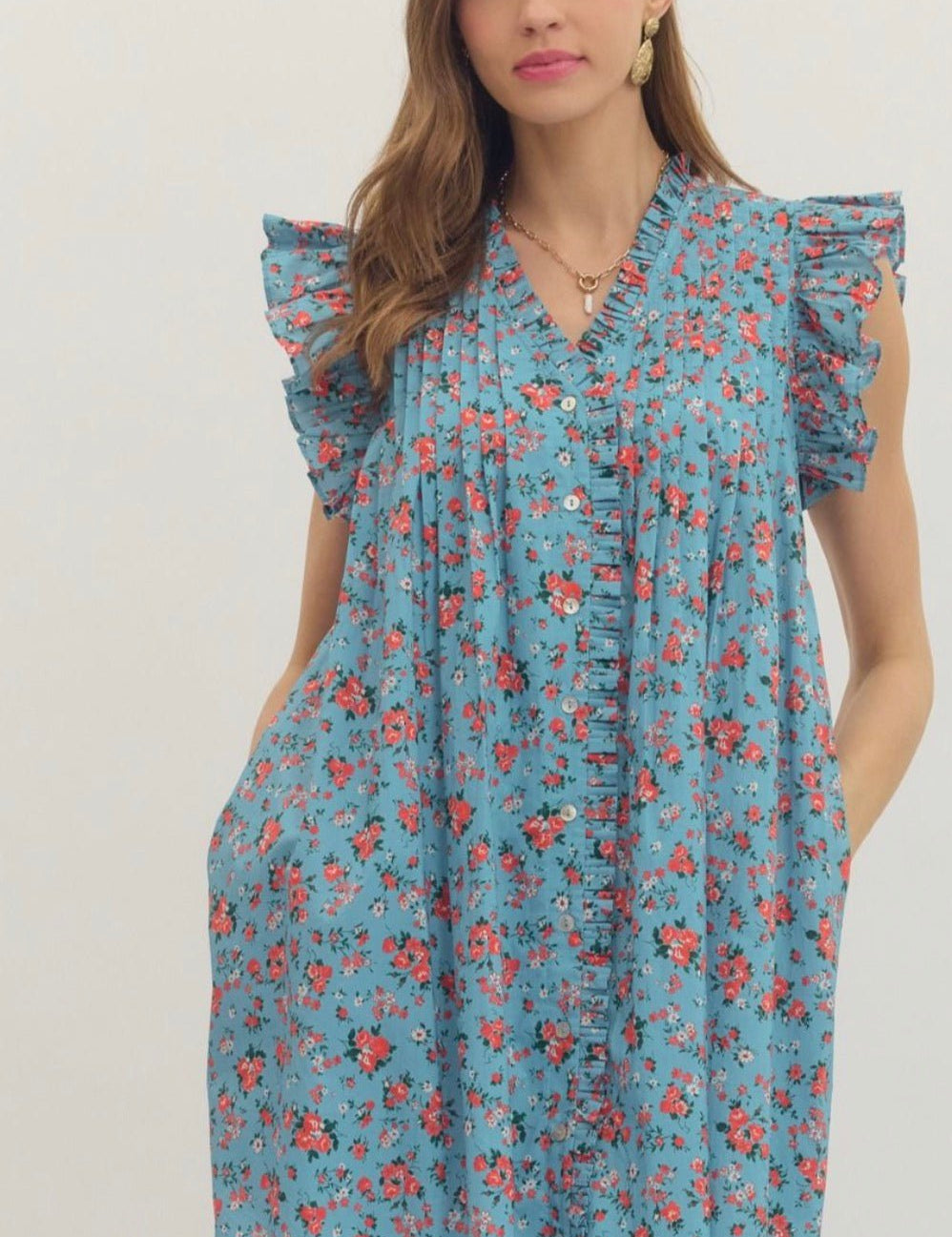 Summer Lovin Mini Dress, a relaxed flowy shift mini dress, worn front view