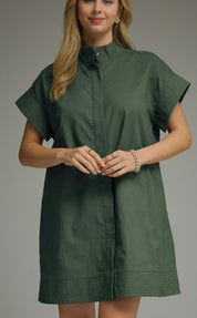 Green Fan Dress, a forest green mini shirt dress, worn front view