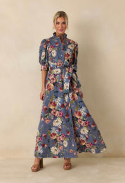 Marianne Maxi Dress, a French-blue garden floral maxi, worn front view