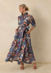 Back view of the Marianne Maxi Dress, a French-blue garden floral maxi