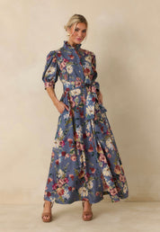 Close-up of the rose and hydrangea floral print on the Marianne Maxi Dress – Lady & Tucker
