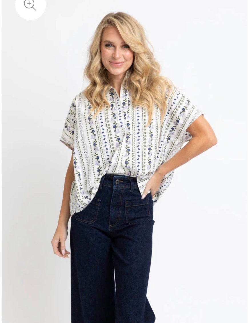 French Floral Signature Top, a French-blue and lavender floral stripe blouse, worn front view