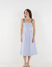 Grapemist Stripe Midi Dress, a grapemist stripe empire waist midi, worn front view
