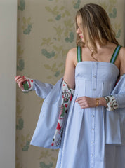 Back view of the Grapemist Stripe Midi Dress, a grapemist stripe empire waist midi
