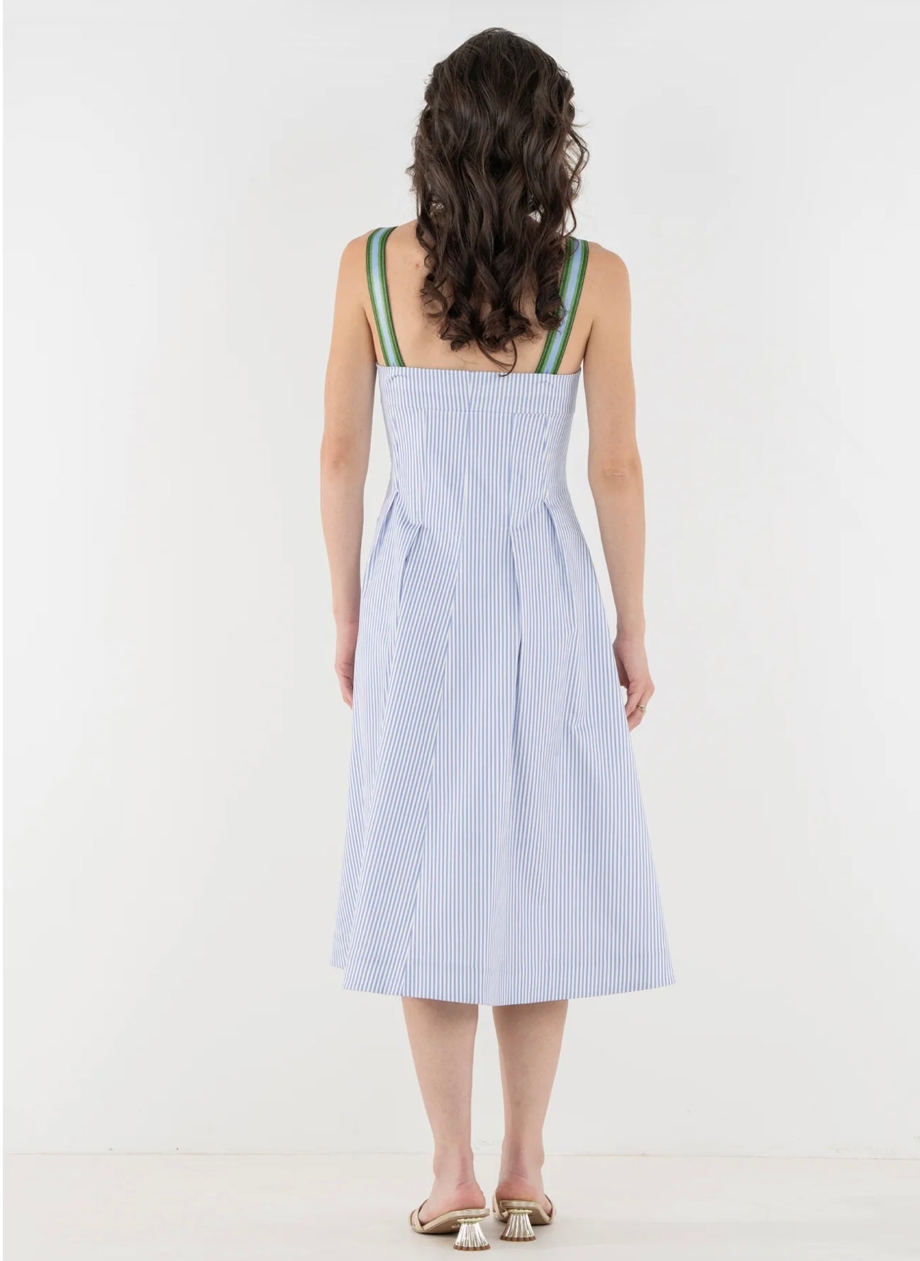 Grapemist Stripe Midi Dress styled full length, a grapemist stripe empire waist midi