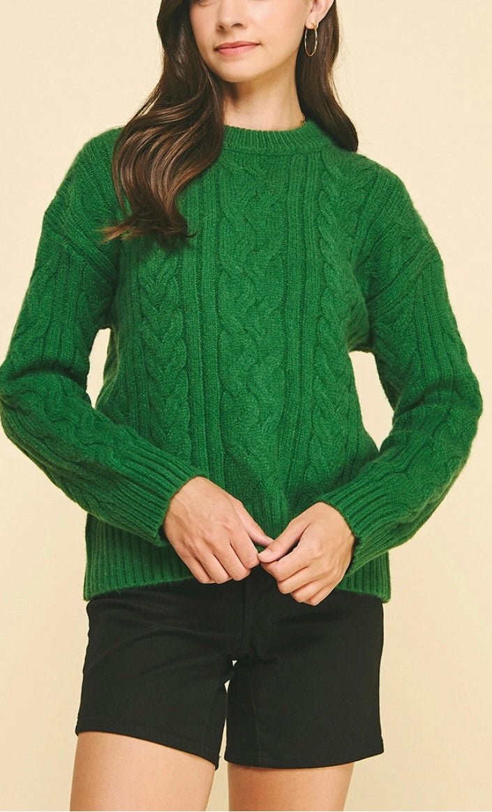 Cable Knit Green Sweater, a green cable knit crewneck, worn front view