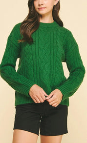 Cable Knit Green Sweater, a green cable knit crewneck, worn front view